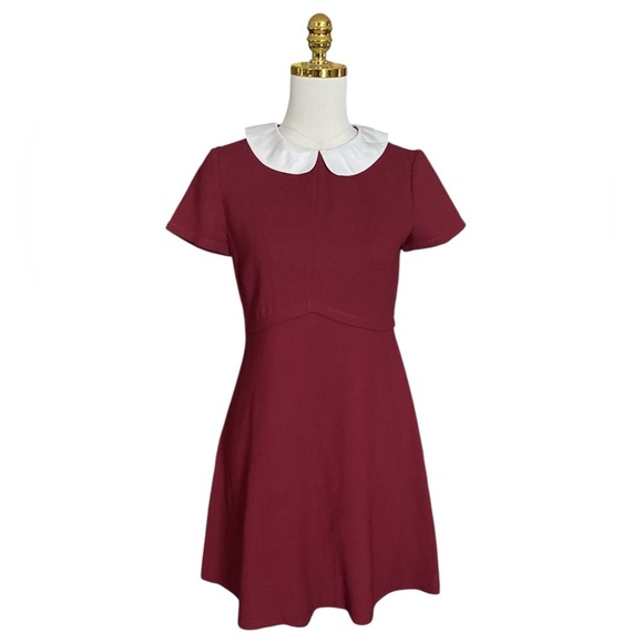 INTREND Women's Peter Pan White Collar Short Sleeves Flare Burgundy Dress Size 2 - Picture 1 of 7